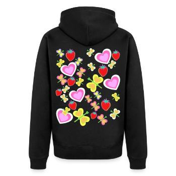 Retro Sommer Erdbeeren Erdbeer Herz Herzen Insekt - Unisex Premium Bio Zip Hoodie - Schwarz - Hinten - Nico (187cm)