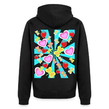 Retro Sommer Erdbeeren Herz Schmetterlinge Natur - Unisex Premium Bio Zip Hoodie - Schwarz - Hinten - Nico (187cm)