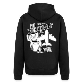 Mein Wochenendtrip ist dein Windelgeld – DINK Life - Unisex Premium Bio Zip Hoodie - Schwarz - Hinten - Nico (187cm)