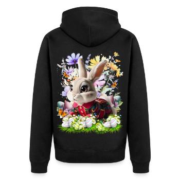 Osterhase im Blumenfeld - Unisex Premium Bio Zip Hoodie - Schwarz - Hinten - Nico (187cm)