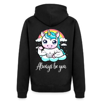Einhorn Gym Motivation - Always Be You - Unisex Premium Bio Zip Hoodie - Schwarz - Hinten - Nico (187cm)