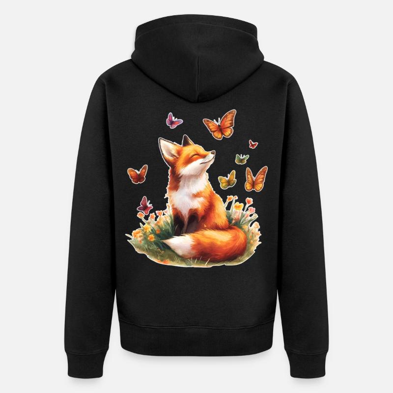 Fuchs mit Schmetterlingen - Unisex Premium Bio Zip Hoodie - Schwarz