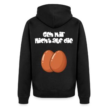 Humorvoller Eier-Print mit Spruch - Unisex Premium Bio Zip Hoodie - Schwarz - Hinten - Nico (187cm)