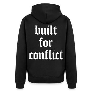Built for Conflict - Bodybuilding & Gym - Unisex Premium Bio Zip Hoodie - Schwarz - Hinten - Nico (187cm)