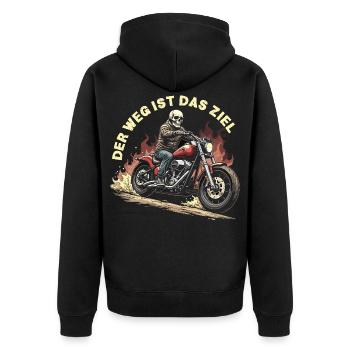 Totenkopf auf Motorrad mit Flammen - Unisex Premium Bio Zip Hoodie - Schwarz - Hinten - Nico (187cm)