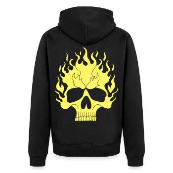 Gelber Flammender Schädel - Unisex Premium Bio Zip Hoodie - Schwarz - Hinten - Nico (187cm)