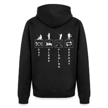 Lustiges Angelzitat Essen Schlaf Wiederholen - Unisex Premium Bio Zip Hoodie - Schwarz - Hinten - Nico (187cm)