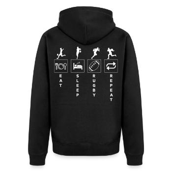 Lustiges Rugby-Sport-Zitat Essen Schlaf Wiederholen - Unisex Premium Bio Zip Hoodie - Schwarz - Hinten - Nico (187cm)