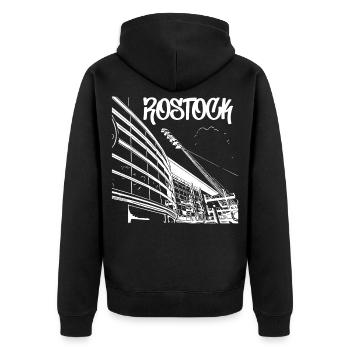 Rostock Skyline Stadionblick - Unisex Premium Bio Zip Hoodie - Schwarz - Hinten - Nico (187cm)