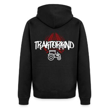 Traktorkind – Mit Erde unter den Reifen - Unisex Premium Bio Zip Hoodie - Schwarz - Hinten - Nico (187cm)