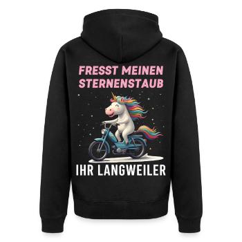 Einhorn Moped Tour - Unisex Premium Bio Zip Hoodie - Schwarz - Hinten - Nico (187cm)