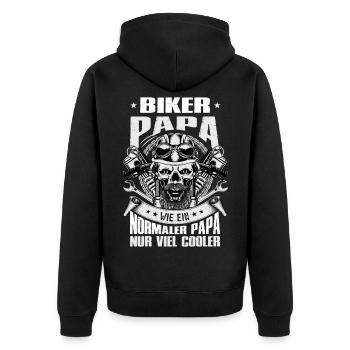 Biker Papa Geschenk Motorrad Spruch Vater - Unisex Premium Bio Zip Hoodie - Schwarz - Hinten - Nico (187cm)