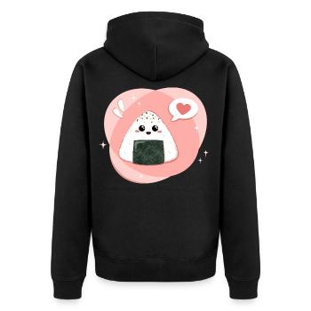 Kawaii Onigiri in pink rosa mit Herz - Unisex Premium Bio Zip Hoodie - Schwarz - Hinten - Nico (187cm)