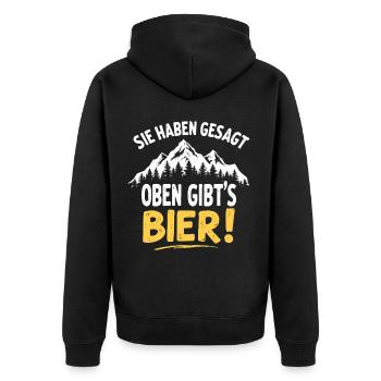 Wandern Oben gibt´s Bier - Unisex Premium Bio Zip Hoodie - Schwarz - Hinten - Nico (187cm)