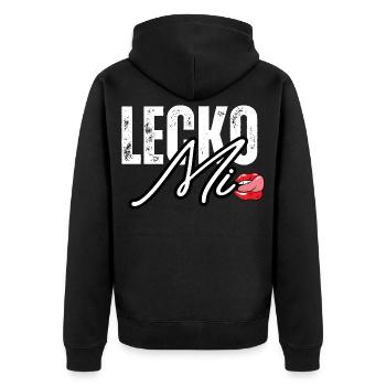 Lederoptik mit Lippenakzent - Unisex Premium Bio Zip Hoodie - Schwarz - Hinten - Nico (187cm)