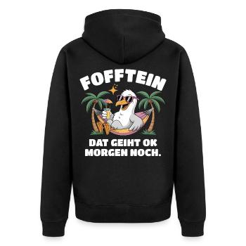 Fofftein Möwe – Norddeutscher Chill Spruch - Unisex Premium Bio Zip Hoodie - Schwarz - Hinten - Nico (187cm)