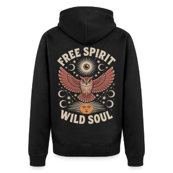 Flying Owl Free Spirit Wild Soul Shirt - Unisex Premium Bio Zip Hoodie - Schwarz - Hinten - Nico (187cm)