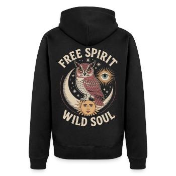 Mystic Owl Free Spirit Wild Soul Shirt - Unisex Premium Organic Zip Hoodie - black - Back - Nico (187cm)