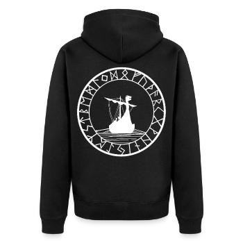 Weißes Wikinger-Langschiff und Kompass - Unisex Premium Bio Zip Hoodie - Schwarz - Hinten - Nico (187cm)