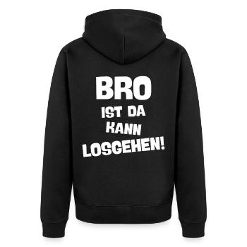 BRO IST DA KANN LOSGEHEN beste brüder Geschenkidee - Unisex Premium Bio Zip Hoodie - Schwarz - Hinten - Nico (187cm)