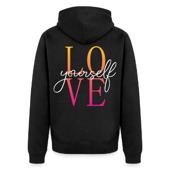 Love yourself / Selbstliebe / Liebe dich selbst - Unisex Premium Bio Zip Hoodie - Schwarz - Hinten - Nico (187cm)