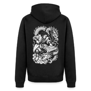 Samurai Shirt: Dragons Dancing Through Party Night - Unisex Premium Organic Zip Hoodie - black - Back - Nico (187cm)