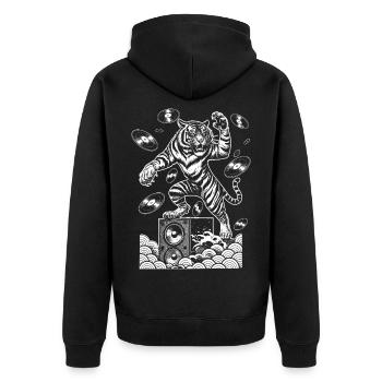 Music Big Cat Shirt: Vinyl Vibes & Tiger Sound - Unisex Premium Organic Zip Hoodie - black - Back - Nico (187cm)