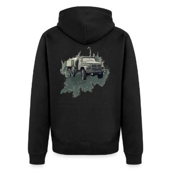 ZIL 131 – Icon of the Road - Unisex Premium Organic Zip Hoodie - black - Back - Nico (187cm)