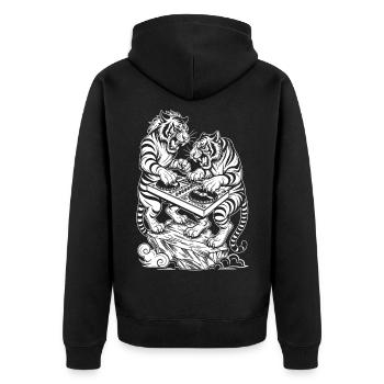 Techno DJ Shirt: Raver Tiger in Electro Vibes - Unisex Premium Bio Zip Hoodie - Schwarz - Hinten - Nico (187cm)