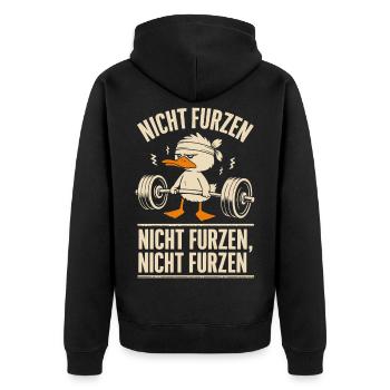 Funny Fitness Duck – Don't Fart! - Unisex Premium Organic Zip Hoodie - black - Back - Nico (187cm)