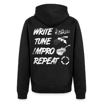 Schreiben Musizieren Improvisieren - Unisex Premium Bio Zip Hoodie - Schwarz - Hinten - Nico (187cm)