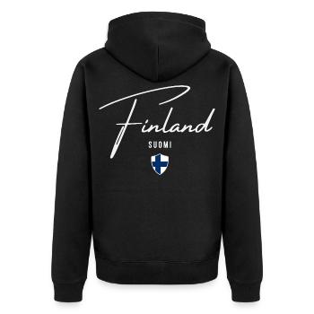 Finnland, minimalistisches, elegantes Design - Unisex Premium Bio Zip Hoodie - Schwarz - Hinten - Nico (187cm)