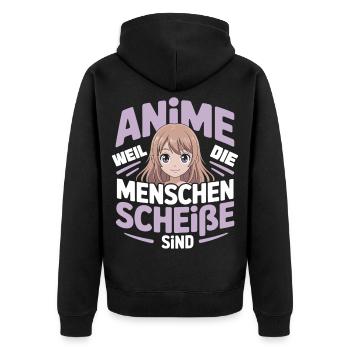 Anime girl with humorous saying - Unisex Premium Organic Zip Hoodie - black - Back - Nico (187cm)