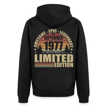 1977 September 1977 Geburtstag September 1977 - Unisex Premium Bio Zip Hoodie - Schwarz - Hinten - Nico (187cm)