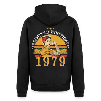 Original 1979 Jahrgang | 1979 Geburtstagsgeschenk - Unisex Premium Bio Zip Hoodie - Schwarz - Hinten - Nico (187cm)