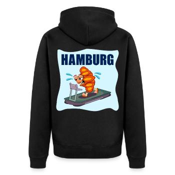 FRANZBRÖTCHEN HAMBURG - LAUFEN LAUFBAND - Unisex Premium Bio Zip Hoodie - Schwarz - Hinten - Nico (187cm)