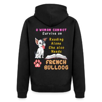 Eine Frau braucht die Französische Bulldogge – Reading & Dog Lover - Unisex Premium Bio Zip Hoodie - Schwarz - Hinten - Nico (187cm)