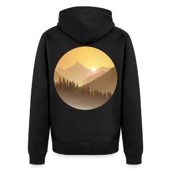 Berge bei Sonnenaufgang mit strahlender Sonne - Unisex Premium Bio Zip Hoodie - Schwarz - Hinten - Nico (187cm)