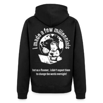 Boomer Welt Verantwortung Baby T-Shirt - Unisex Premium Bio Zip Hoodie - Schwarz - Hinten - Nico (187cm)