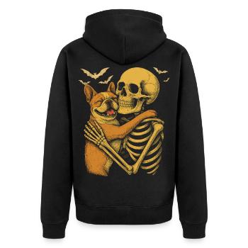 Französische Bulldogge umarmt Skelett - Unisex Premium Bio Zip Hoodie - Schwarz - Hinten - Nico (187cm)