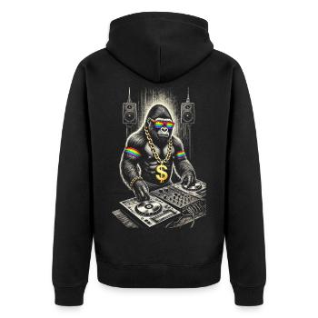 Funky Gorilla DJ mit Regenbogen Accessoires - Unisex Premium Bio Zip Hoodie - Schwarz - Hinten - Nico (187cm)