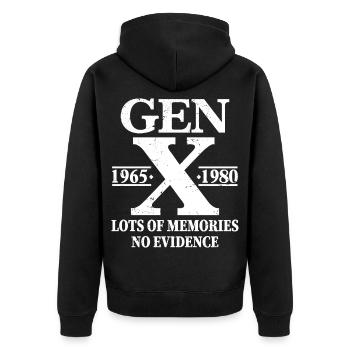gen x lots of memories no evidence - Unisex Premium Organic Zip Hoodie - black - Back - Nico (187cm)