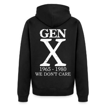 gen x we don't care - Unisex Premium Bio Zip Hoodie - Schwarz - Hinten - Nico (187cm)