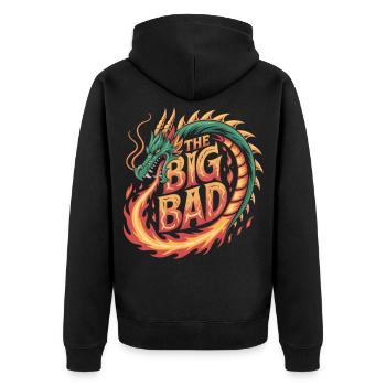 Drachen-Design mit Feuerschrift - Unisex Premium Bio Zip Hoodie - Schwarz - Hinten - Nico (187cm)