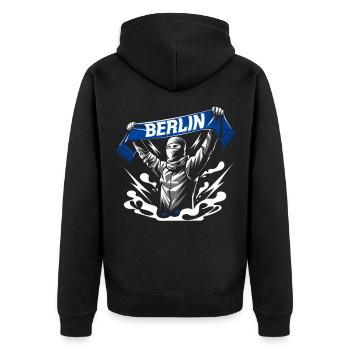 Stilisierte Neon-Graffiti Berlin Szene - Unisex Premium Bio Zip Hoodie - Schwarz - Hinten - Nico (187cm)