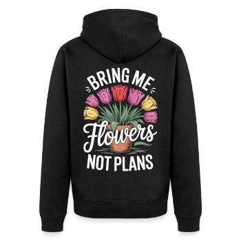 Blumenstrauß mit humorvollem Spruch - Unisex Premium Bio Zip Hoodie - Schwarz - Hinten - Nico (187cm)