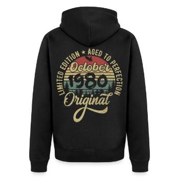 Octobre 1980 Anniversaire Octobre 1980 Octobre - Veste à capuche bio Premium Unisexe - noir - Dos - Nico (187cm)