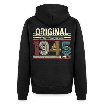 80 Jahre, Retro September Jahrgang 1945  - Unisex Premium Bio Zip Hoodie - Schwarz - Hinten - Nico (187cm)