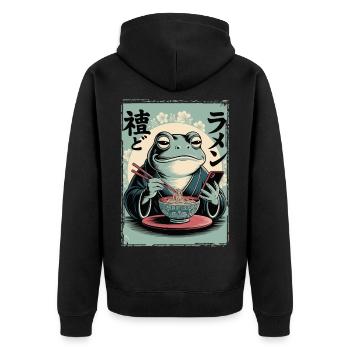 Lustiger Frosch, mürrisch, Japanische Kunst, Ramen - Unisex Premium Bio Zip Hoodie - Schwarz - Hinten - Nico (187cm)