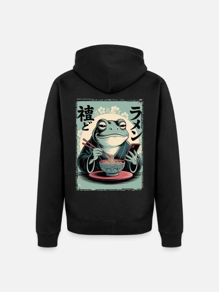 Funny frog, grumpy, Japanese art, ramen - Unisex Premium Organic Zip Hoodie - black